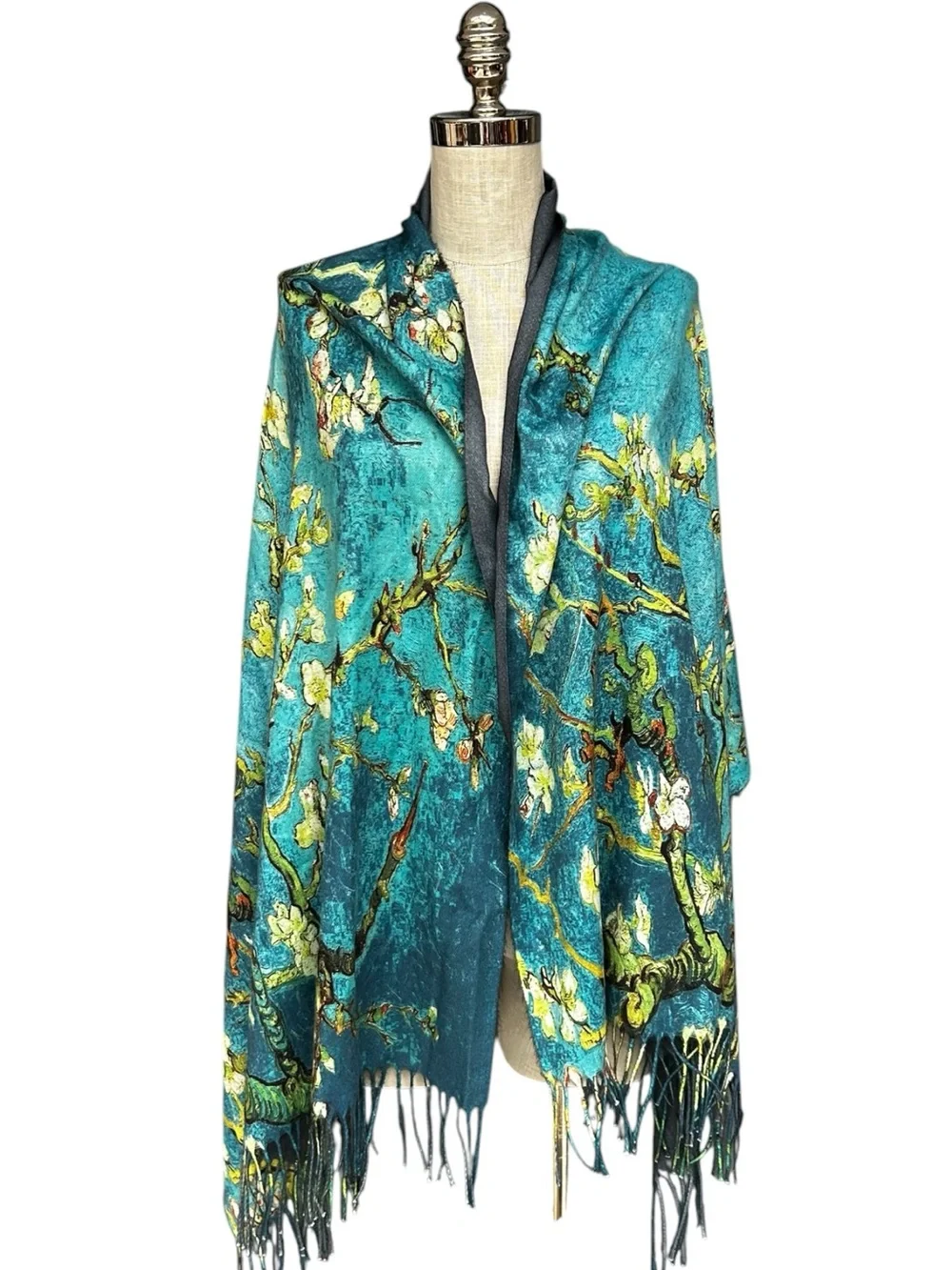 Van Gogh Almond Blossom Art Shawl Wrap Fringe Scarf Blue Floral Wool Blend